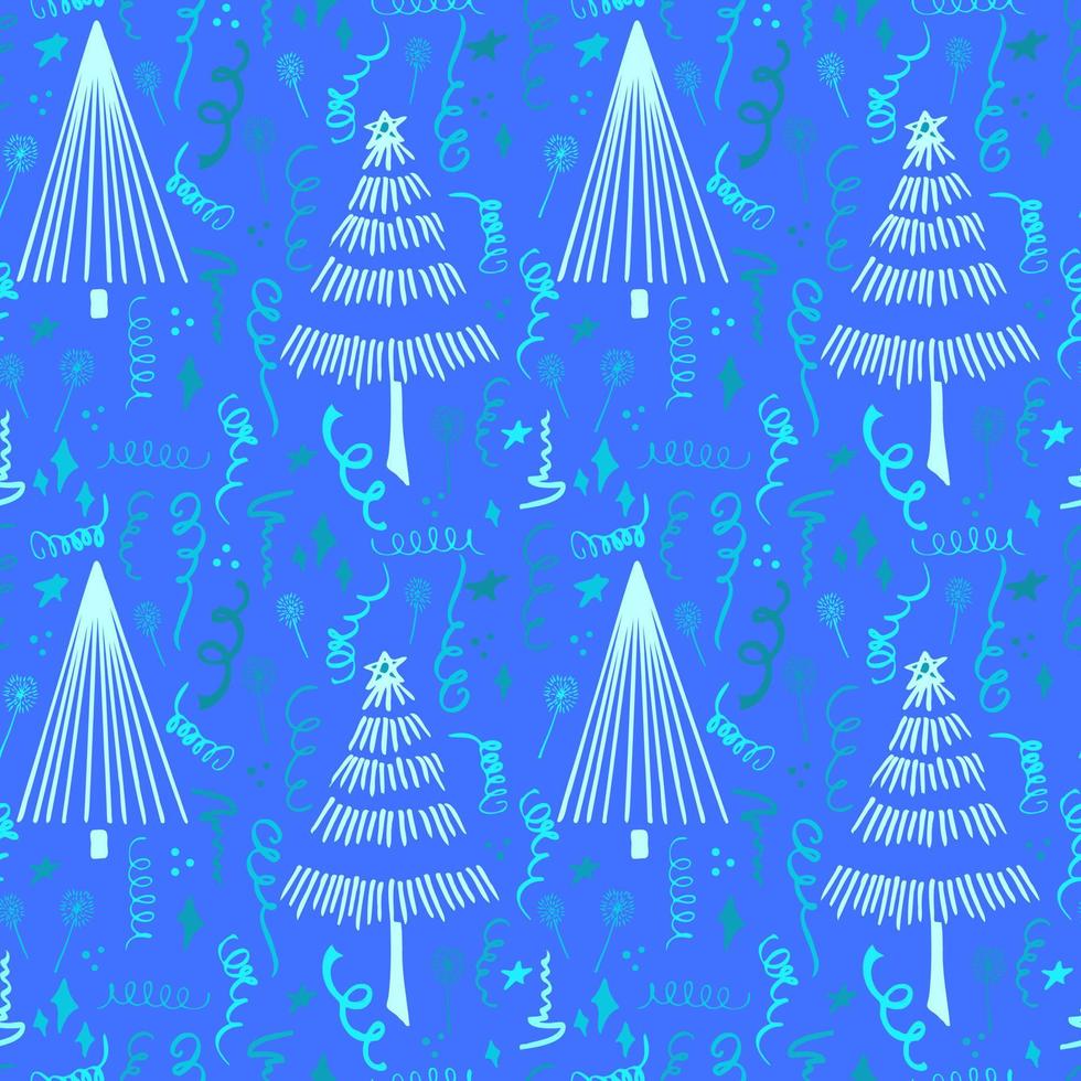 Christmas background party celebration vector seamless pattern stylized Christmas trees with candy gifts and sparklers. Wallpaper for wrapping paper, invitations, paper and cards, website backgrounds.