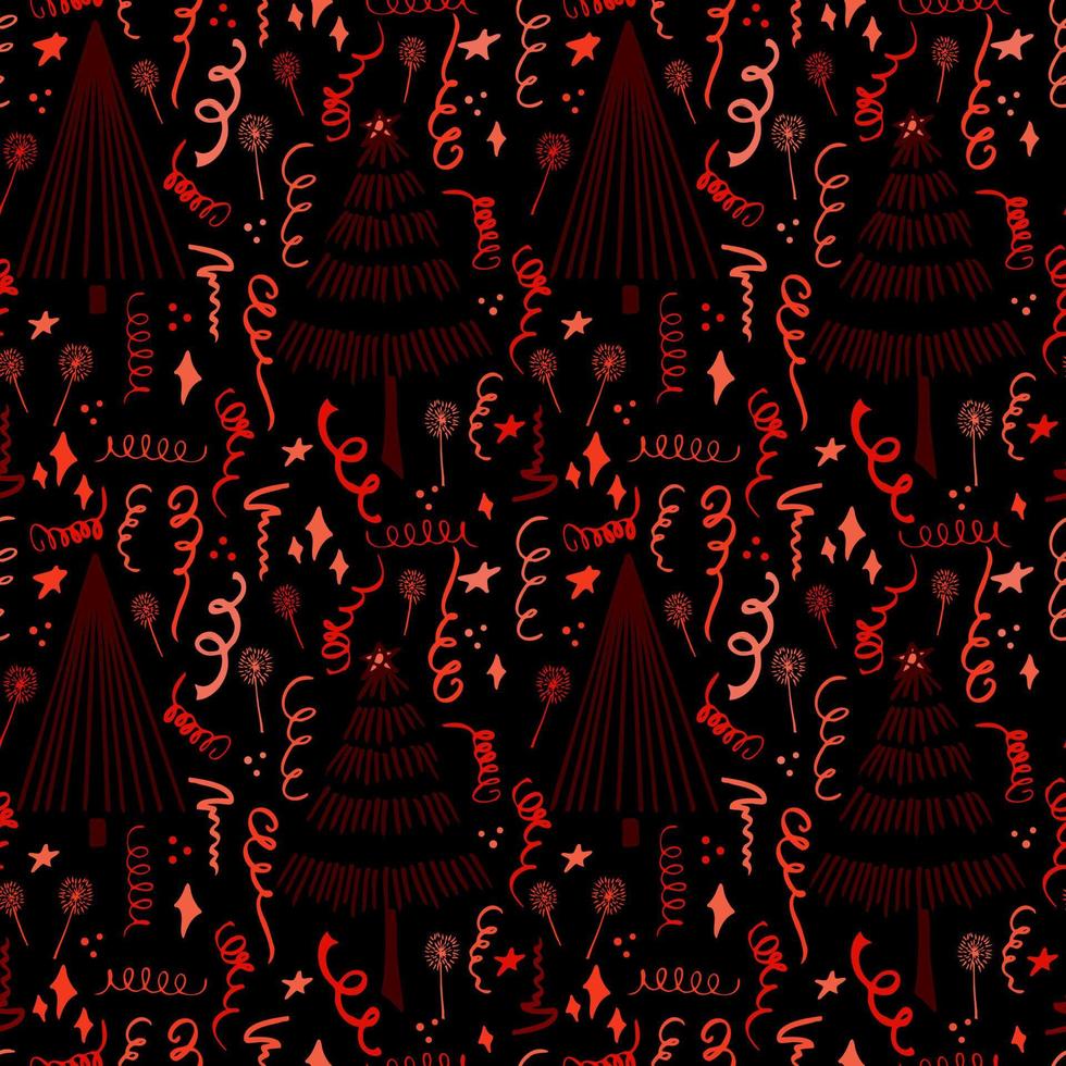 Christmas background party celebration vector seamless pattern stylized Christmas trees with candy gifts and sparklers. Wallpaper for wrapping paper, invitations, paper and cards, website backgrounds.