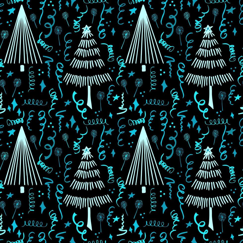 Christmas background party celebration vector seamless pattern stylized Christmas trees with candy gifts and sparklers. Wallpaper for wrapping paper, invitations, paper and cards, website backgrounds.