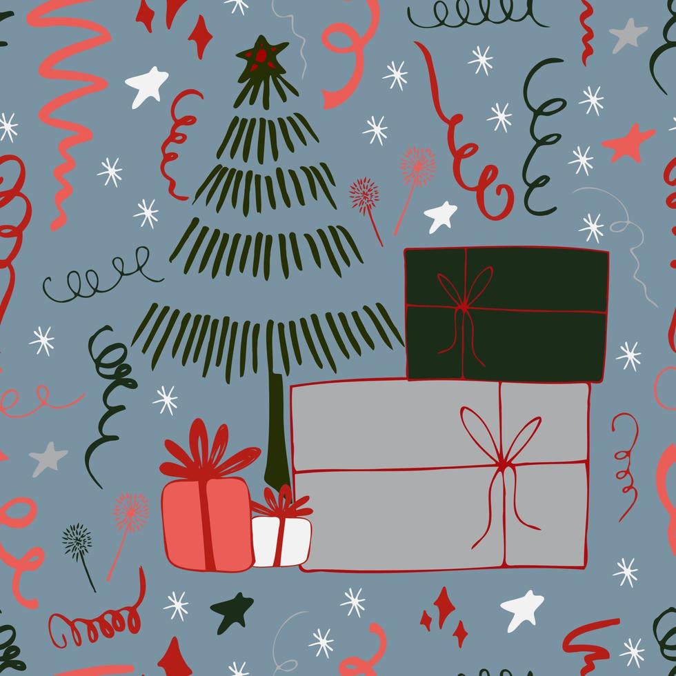Christmas background party celebration vector seamless pattern stylized Christmas trees with candy gifts and sparklers. Wallpaper for wrapping paper, invitations, paper and cards, website backgrounds.