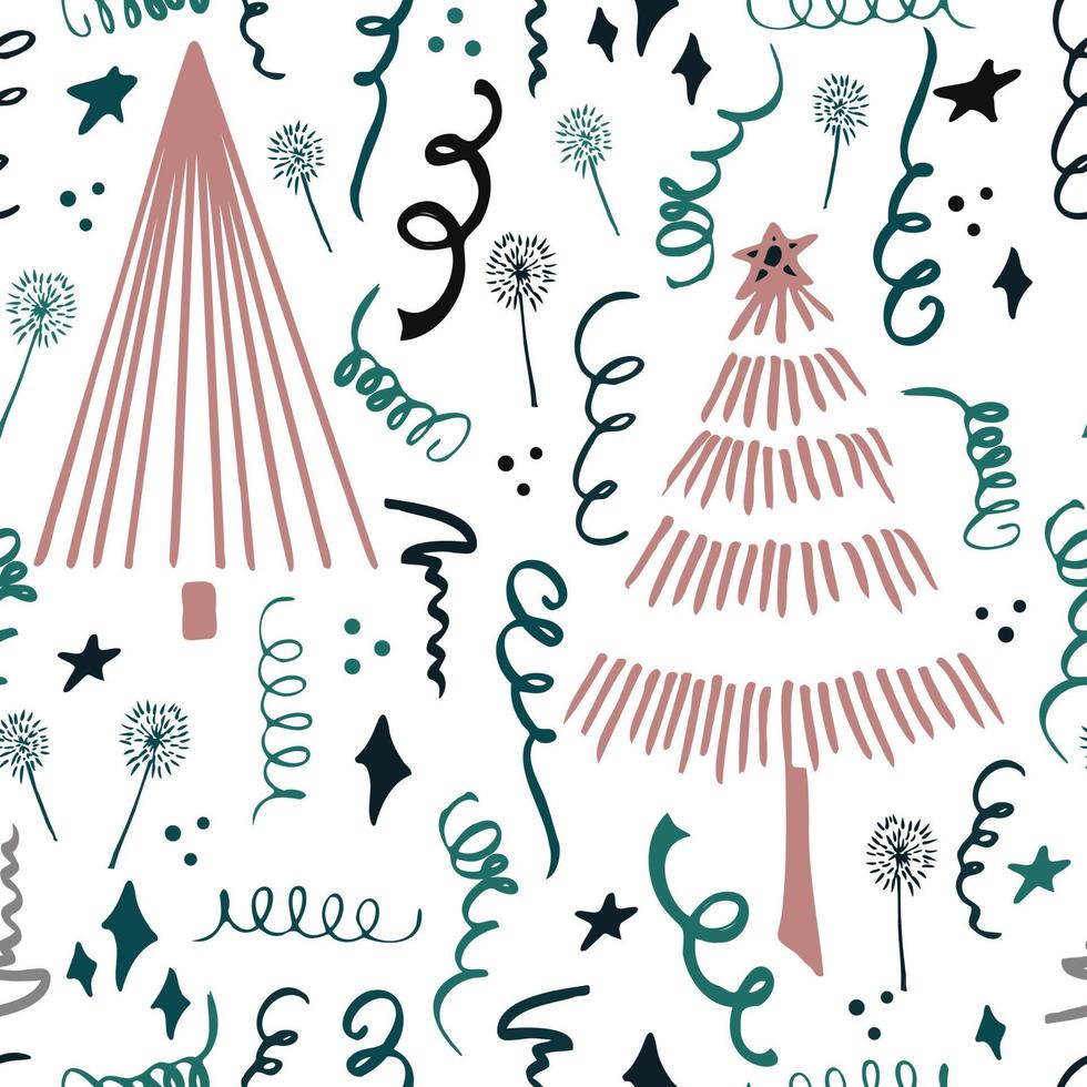Christmas background party celebration vector seamless pattern stylized Christmas trees with candy gifts and sparklers. Wallpaper for wrapping paper, invitations, paper and cards, website backgrounds.