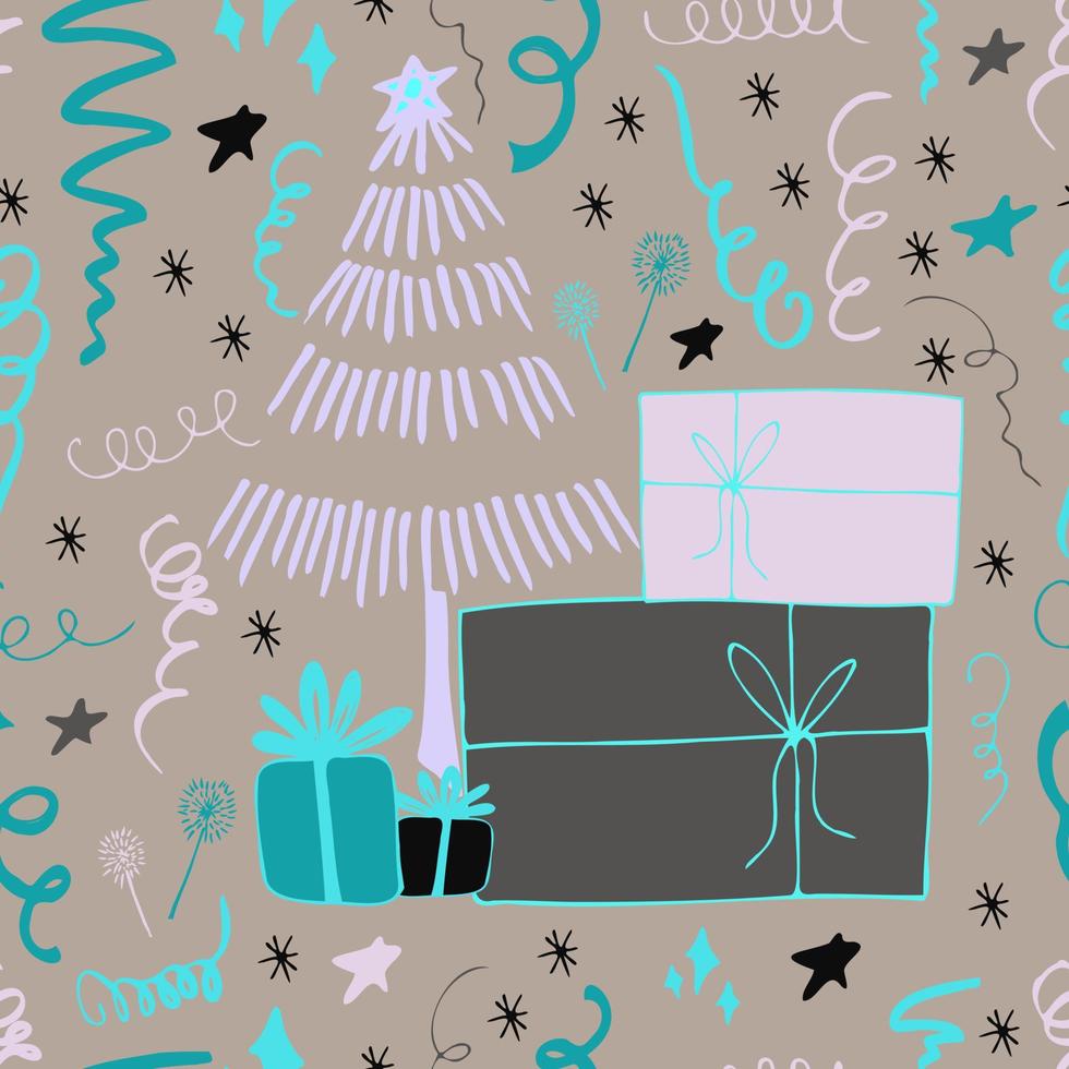 Christmas background party celebration vector seamless pattern stylized Christmas trees with candy gifts and sparklers. Wallpaper for wrapping paper, invitations, paper and cards, website backgrounds.