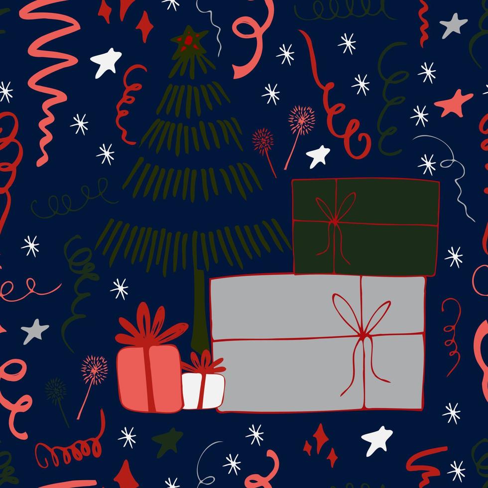 Christmas background party celebration vector seamless pattern stylized Christmas trees with candy gifts and sparklers. Wallpaper for wrapping paper, invitations, paper and cards, website backgrounds.