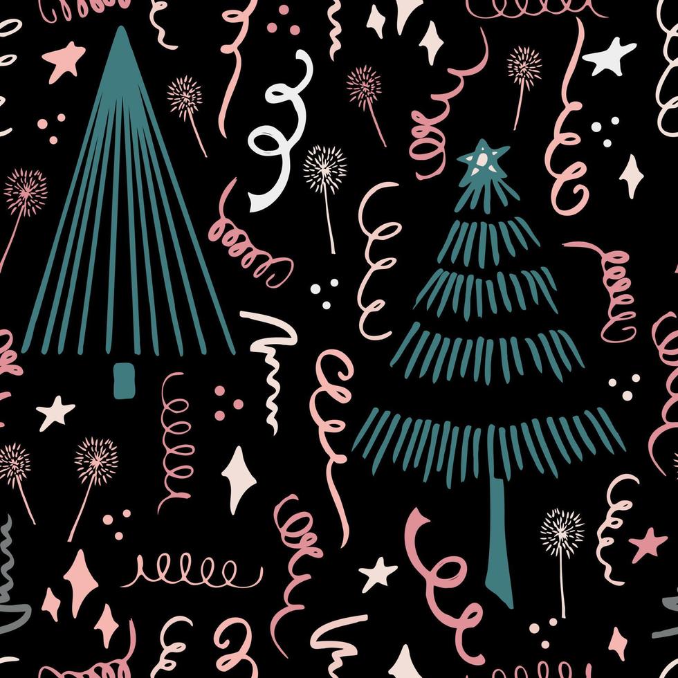 Christmas background party celebration vector seamless pattern stylized Christmas trees with candy gifts and sparklers. Wallpaper for wrapping paper, invitations, paper and cards, website backgrounds.