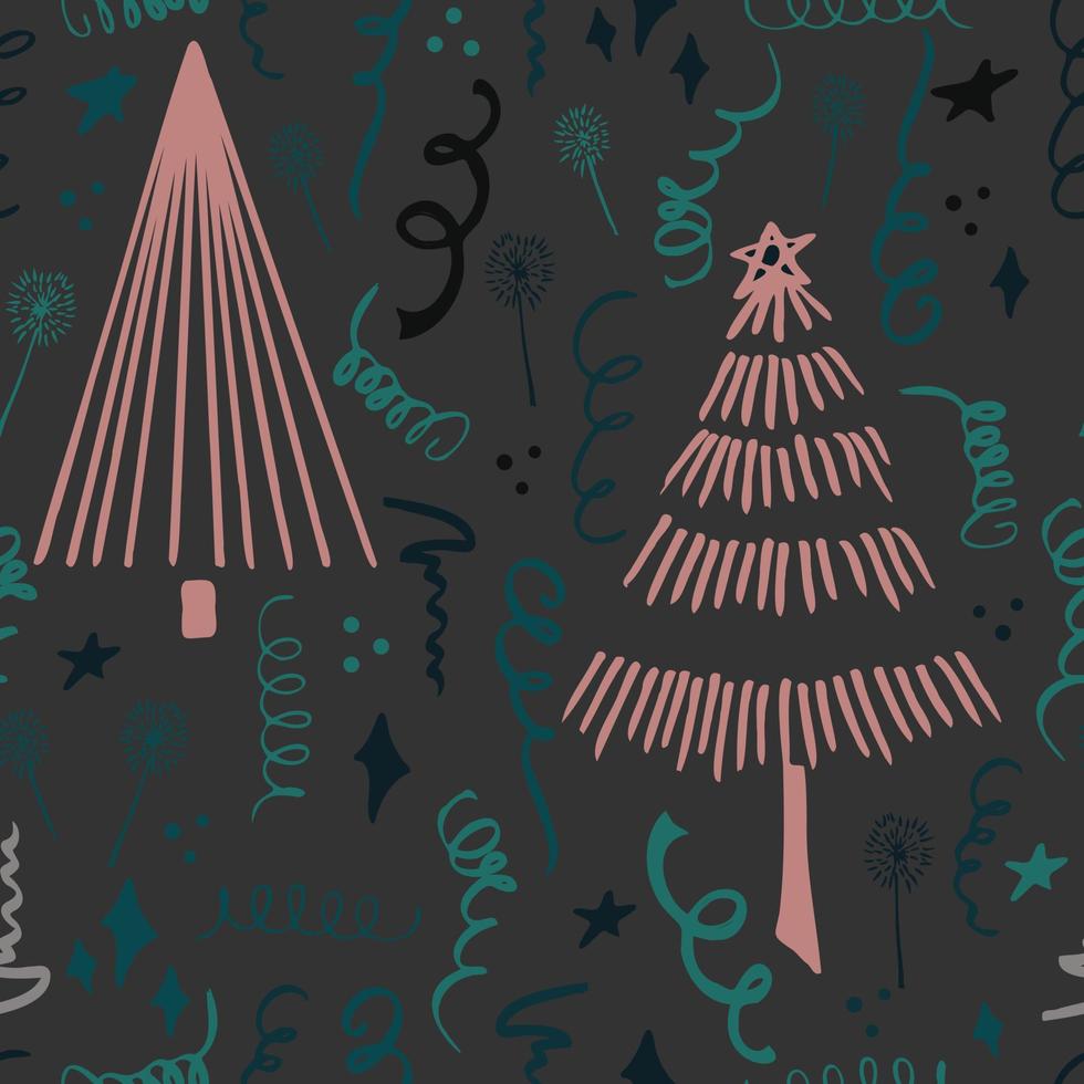 Christmas background party celebration vector seamless pattern stylized Christmas trees with candy gifts and sparklers. Wallpaper for wrapping paper, invitations, paper and cards, website backgrounds.