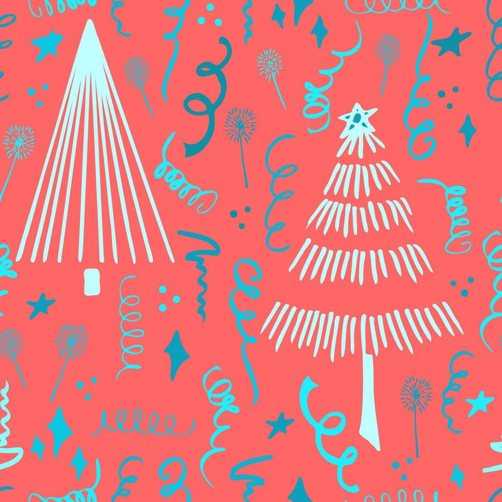 Christmas background party celebration vector seamless pattern stylized Christmas trees with candy gifts and sparklers. Wallpaper for wrapping paper, invitations, paper and cards, website backgrounds.