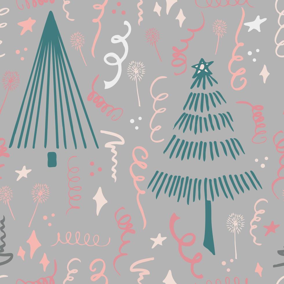 Christmas background party celebration vector seamless pattern stylized Christmas trees with candy gifts and sparklers. Wallpaper for wrapping paper, invitations, paper and cards, website backgrounds.