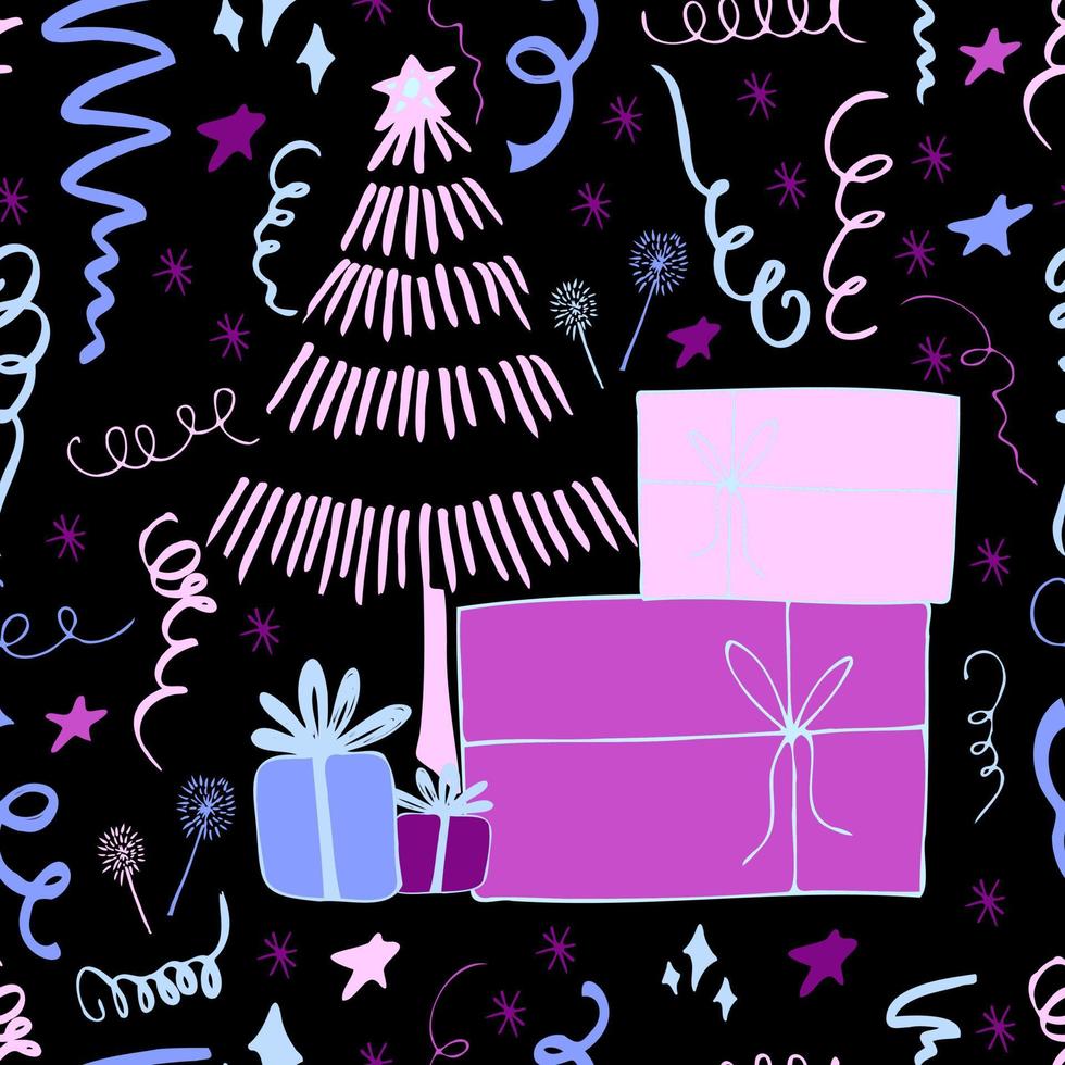 Christmas background party celebration vector seamless pattern stylized Christmas trees with candy gifts and sparklers. Wallpaper for wrapping paper, invitations, paper and cards, website backgrounds.