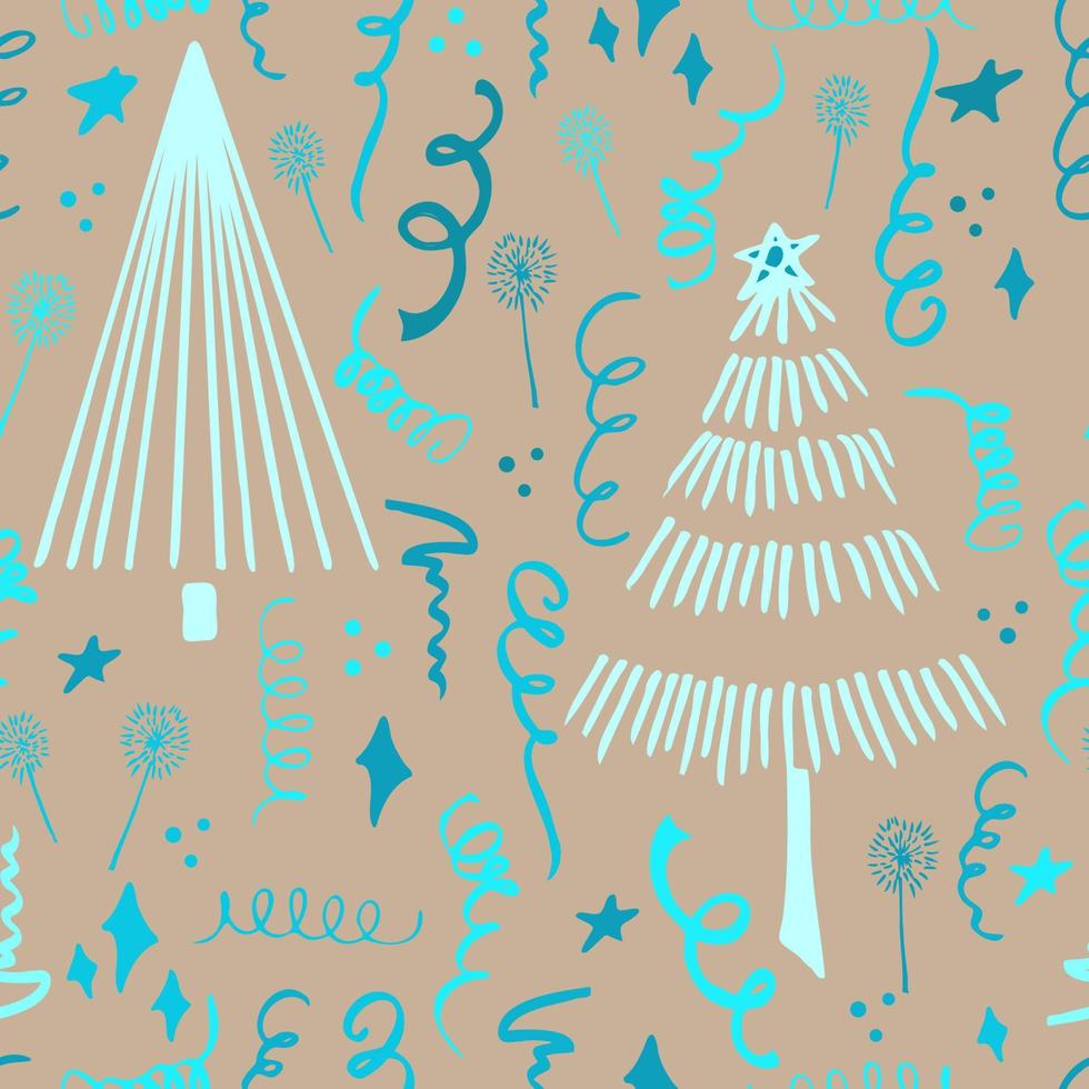 Christmas background party celebration vector seamless pattern stylized Christmas trees with candy gifts and sparklers. Wallpaper for wrapping paper, invitations, paper and cards, website backgrounds.