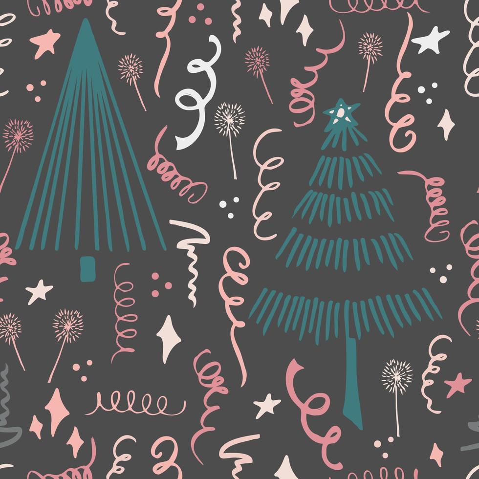Christmas background party celebration vector seamless pattern stylized Christmas trees with candy gifts and sparklers. Wallpaper for wrapping paper, invitations, paper and cards, website backgrounds.