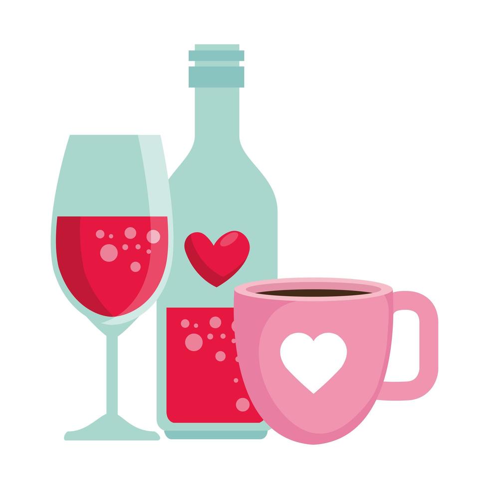 cup glass with bottle champagne and cup coffee vector