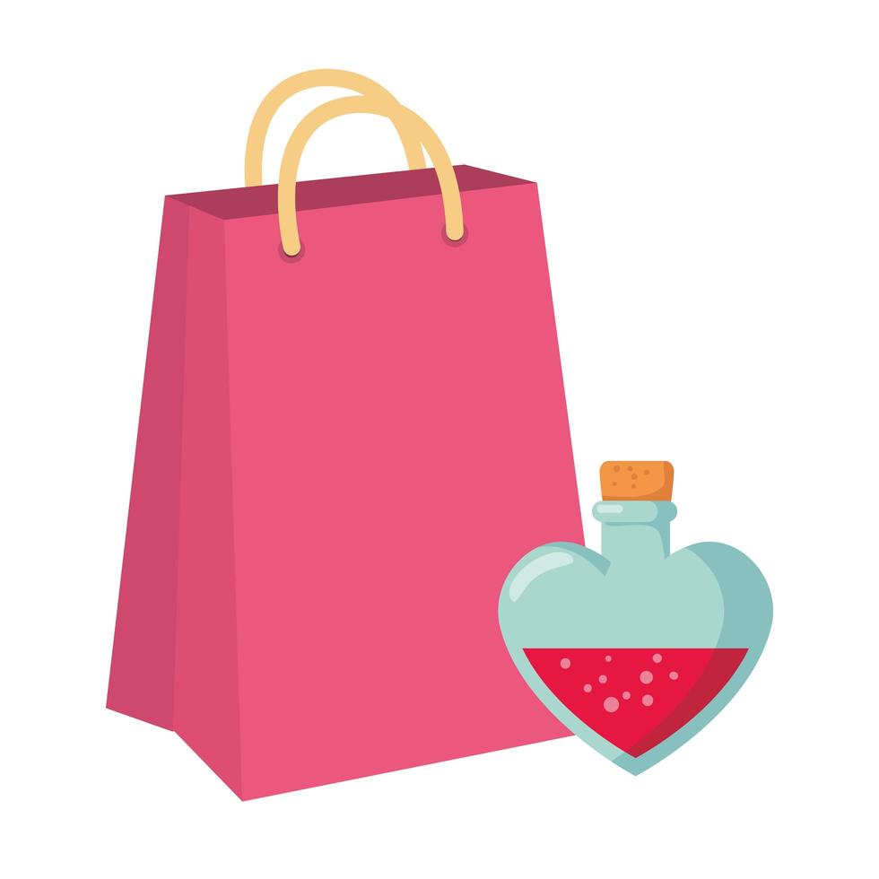 fragancia con botella de corazón y bolsa de compras. vector
