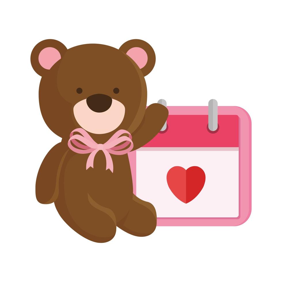 Lindo oso de peluche con icono de calendario aislado vector