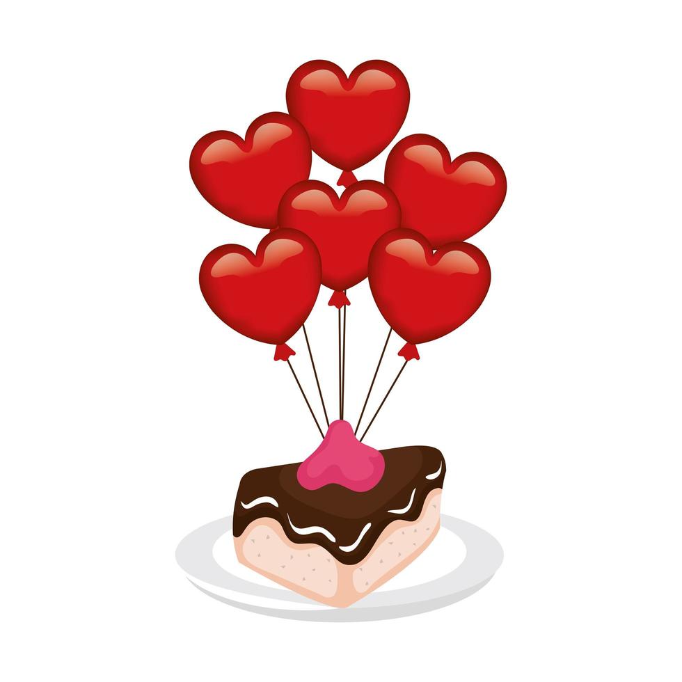 cake slice with balloons helium in shape heart vector