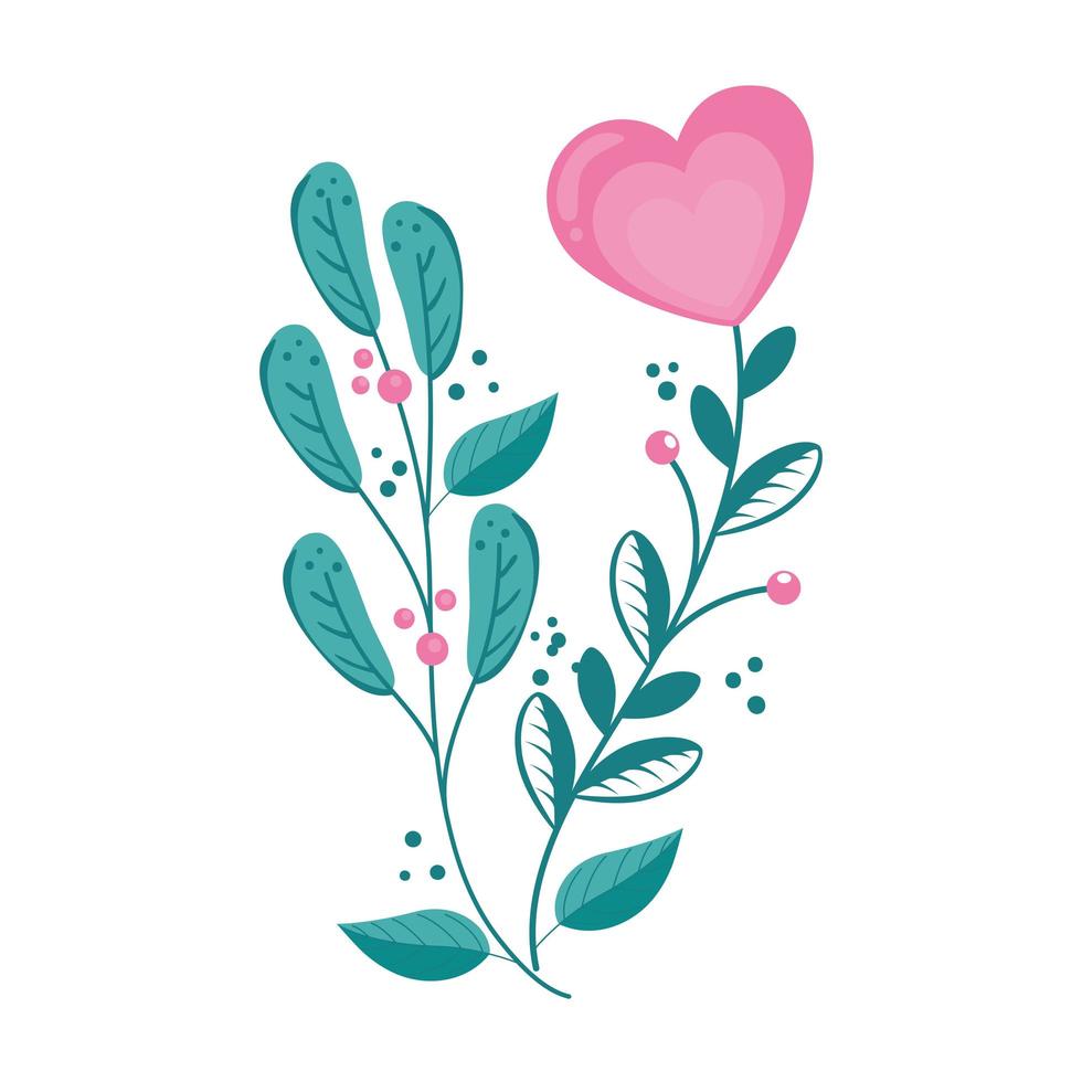 cute flower in shape heart with branches and leafs vector