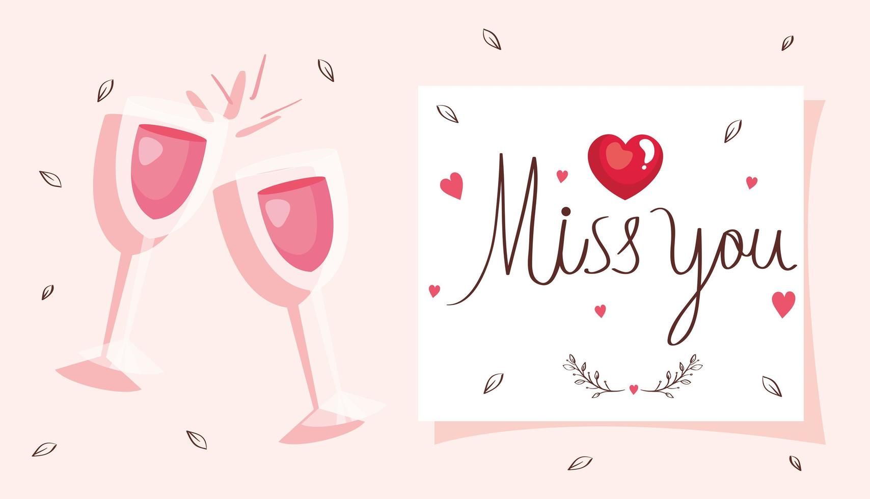 happy valentines day card with cups wine and decoration vector