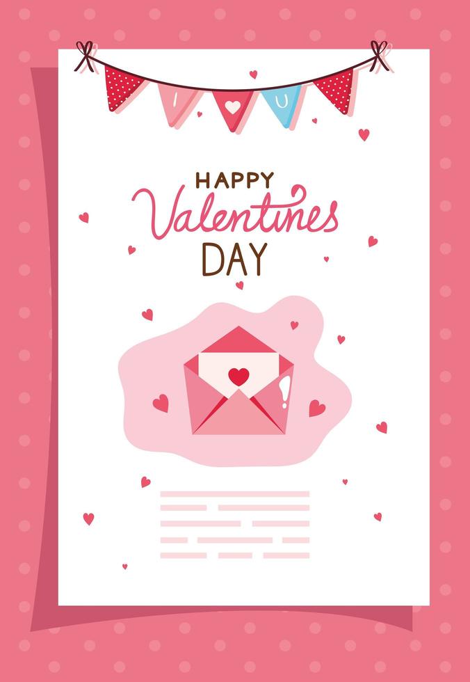 feliz dia de san valentin tarjeta con sobre y decoracion vector