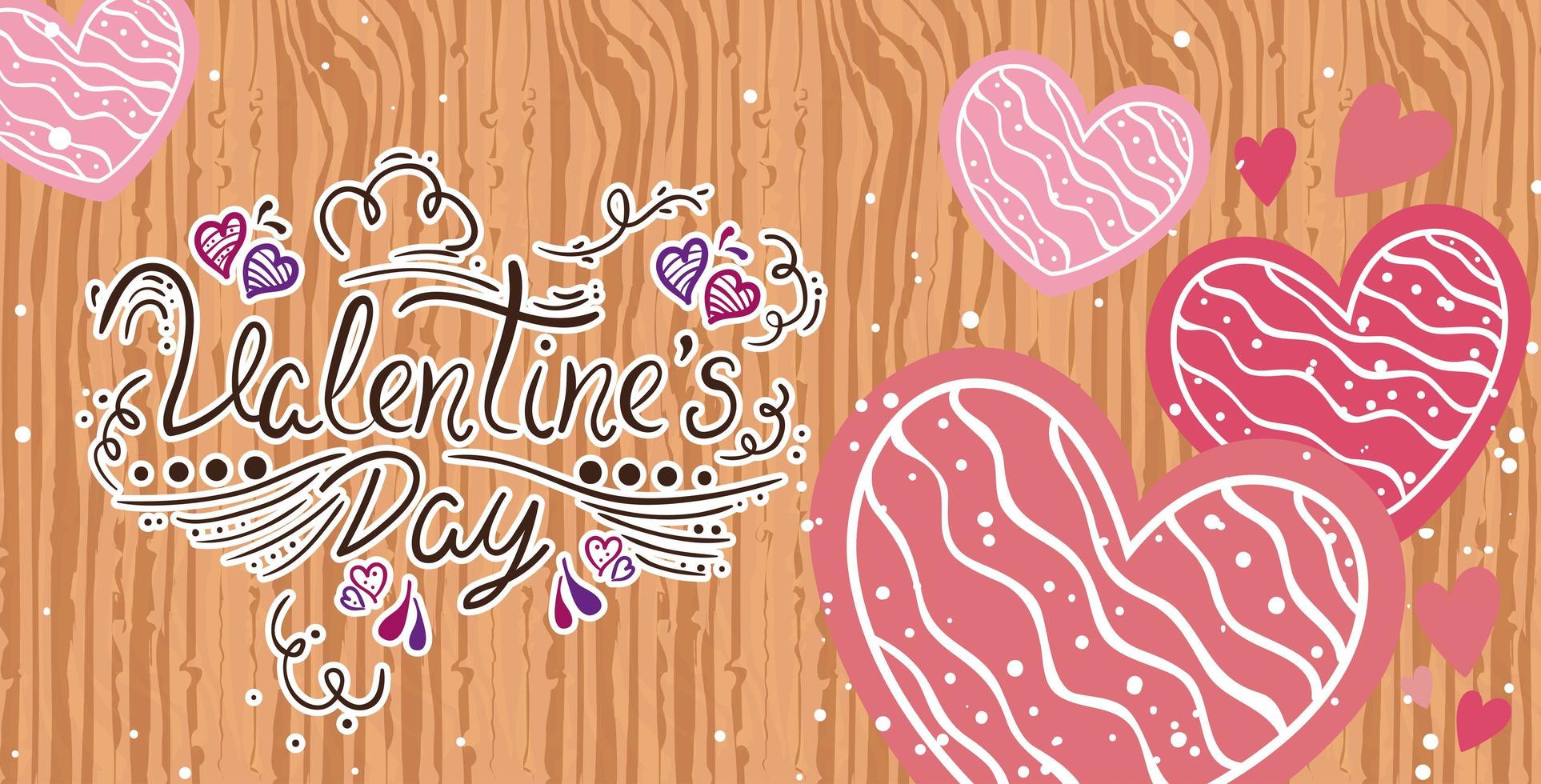 Tarjeta del día de San Valentín con corazones en fondo de madera vector