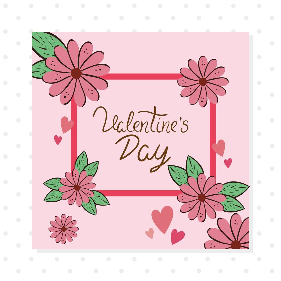 valentines day card in square frame and flowers vector