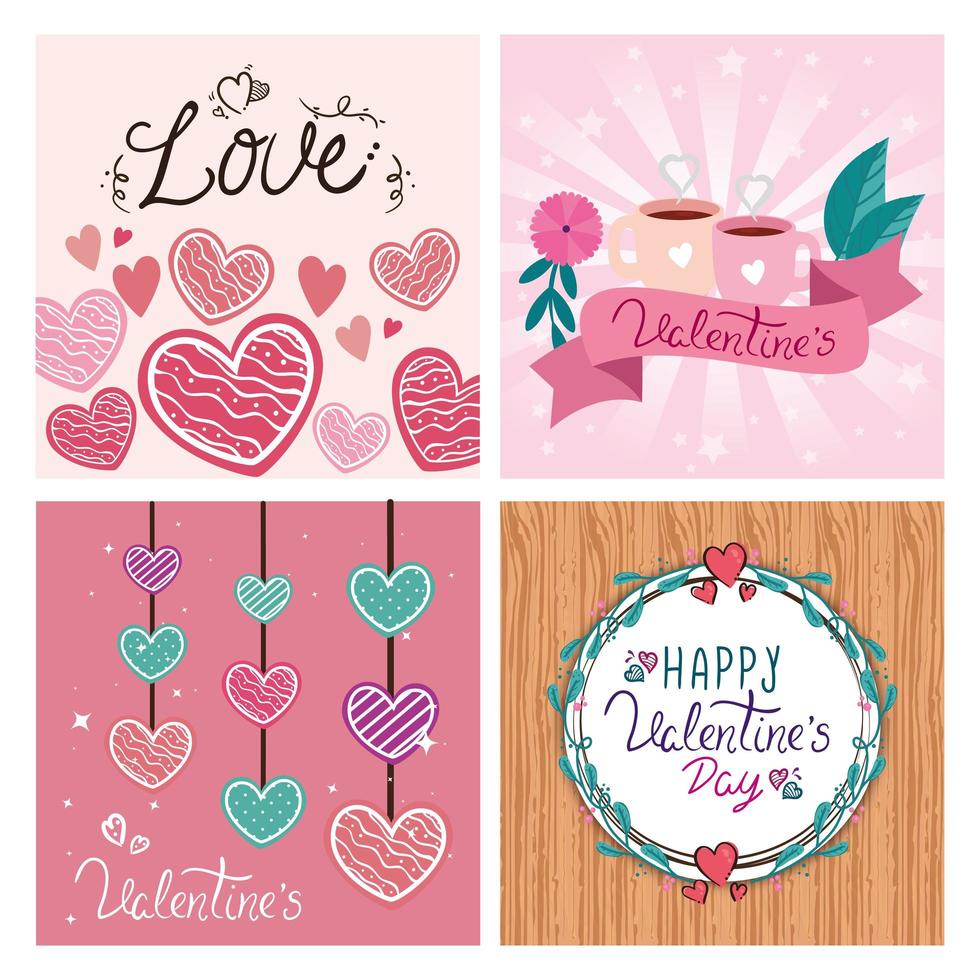 Establecer tarjetas de feliz día de San Valentín con decoración vector