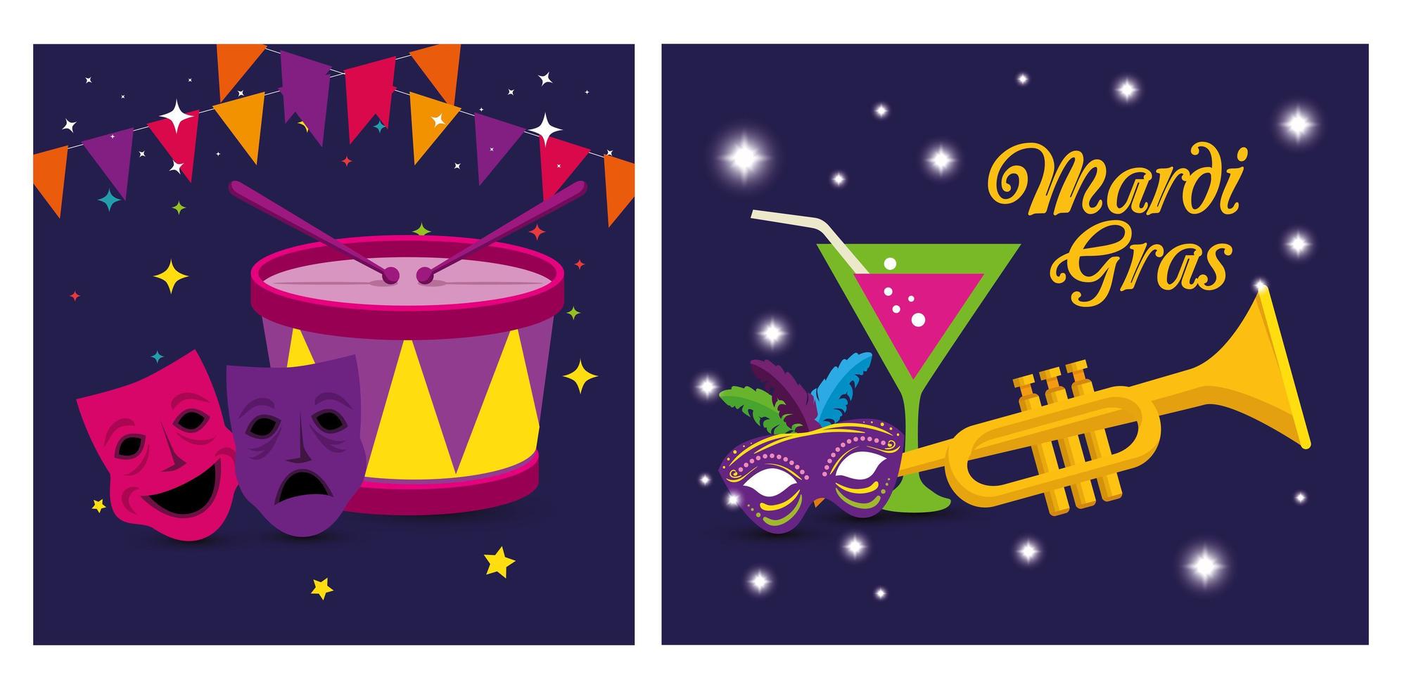 Máscaras de mardi gras cóctel de trompeta y diseño vectorial de tambor vector