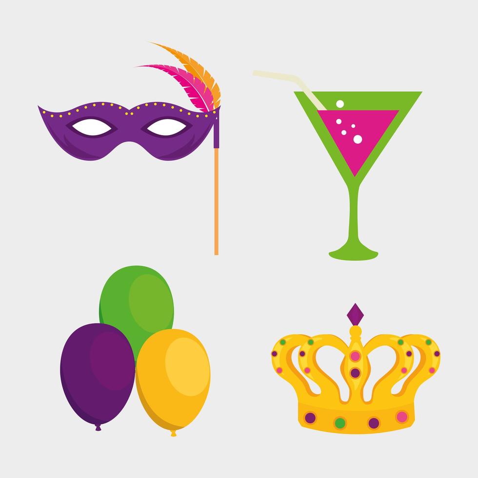 Mardi gras mask balloons cocktail and crown vector design