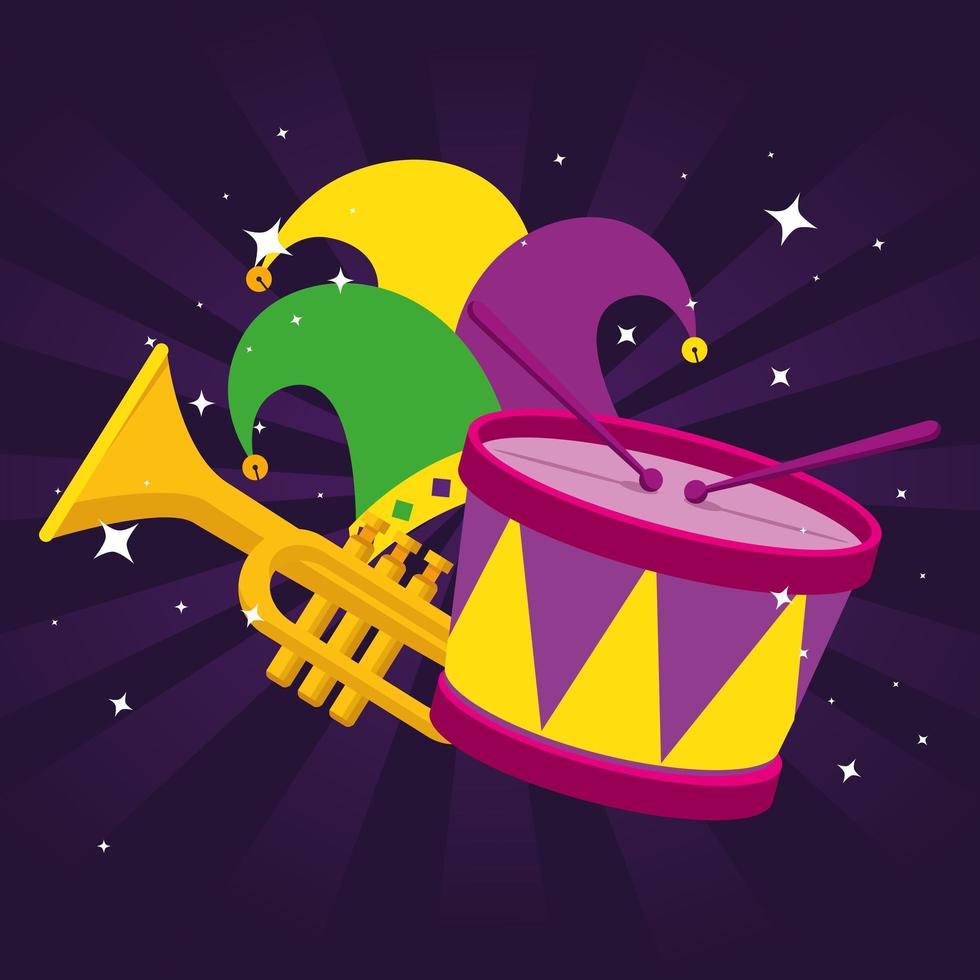 Mardi gras hat trumpet and drum vector design