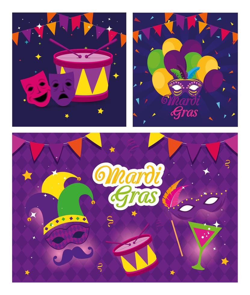 Mardi gras masks drum and cocktail and balloons vector design