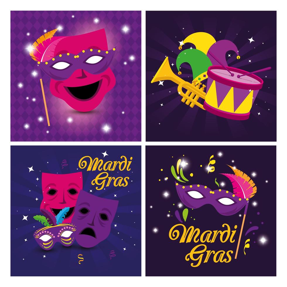 Máscaras de mardi gras sombrero tambor y trompeta diseño vectorial vector