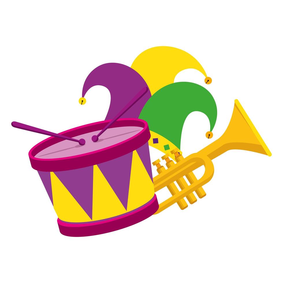 Diseño de vector de trompeta y tambor de sombrero de mardi gras aislado