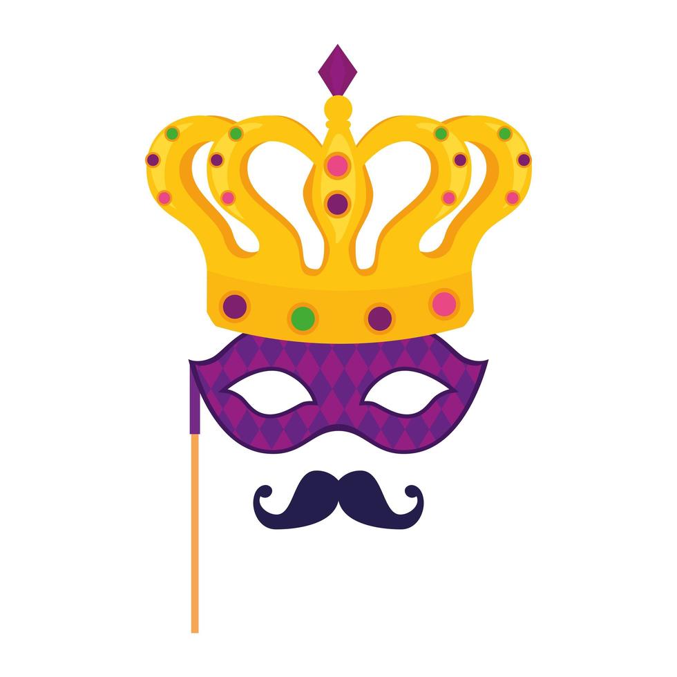 Máscara de mardi gras aislada bigote y diseño de vector de corona