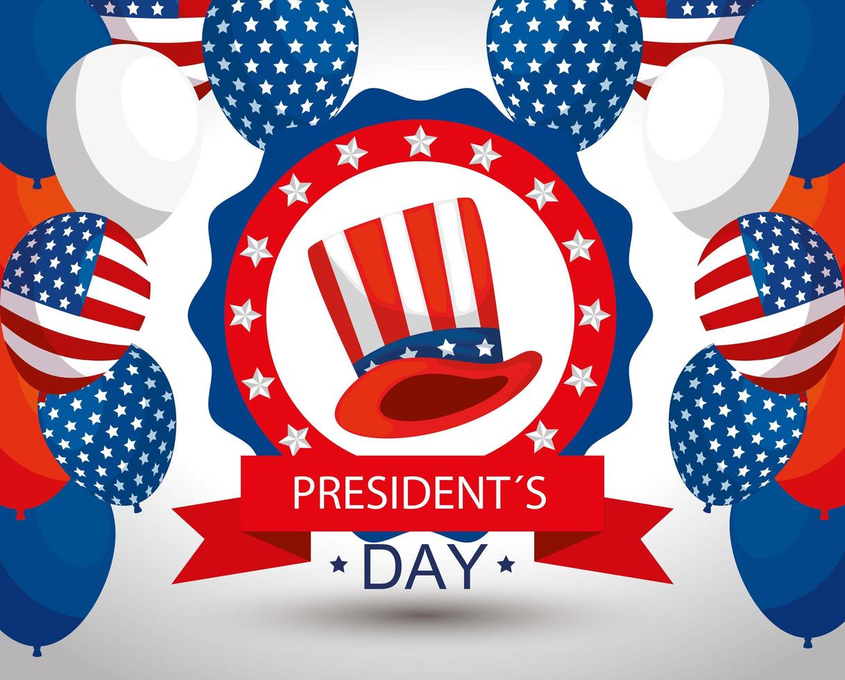 Globos y sombrero de diseño vectorial del feliz día de los presidentes de EE. UU. vector