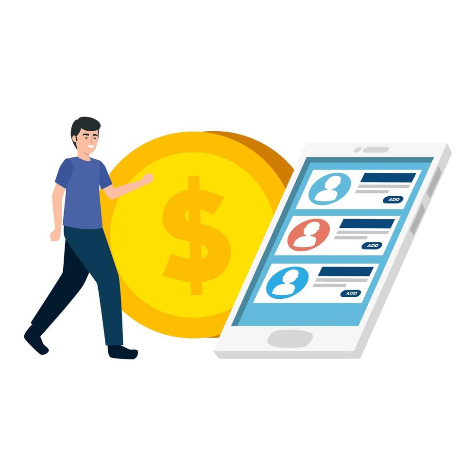 young man and smartphone with coin vector
