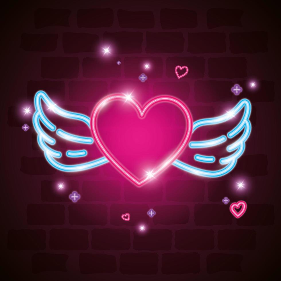 heart with wings in neon light, valentines day vector