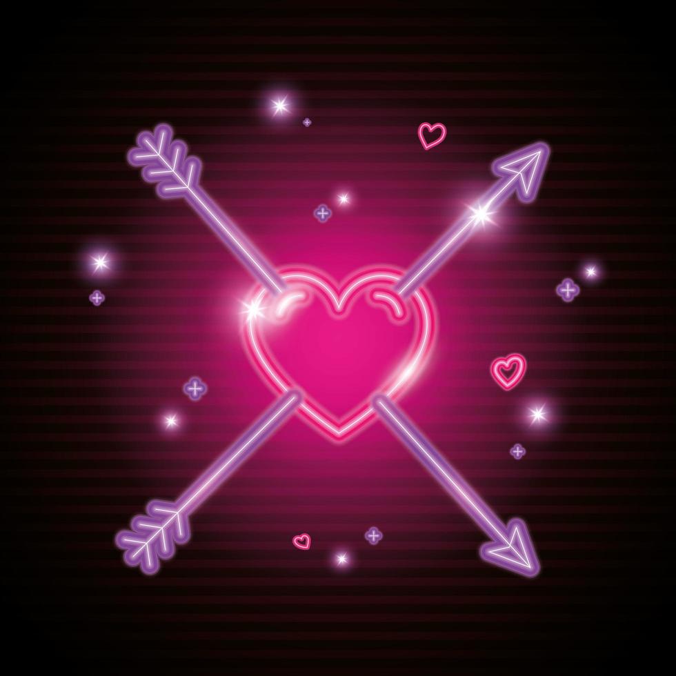 heart with arrows in neon light, valentine day vector