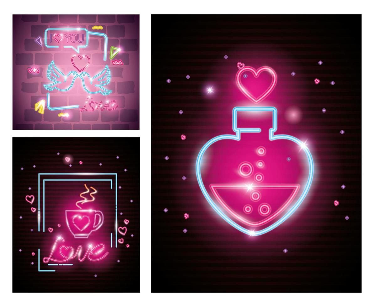cards of valentine in neon light, valentines day vector