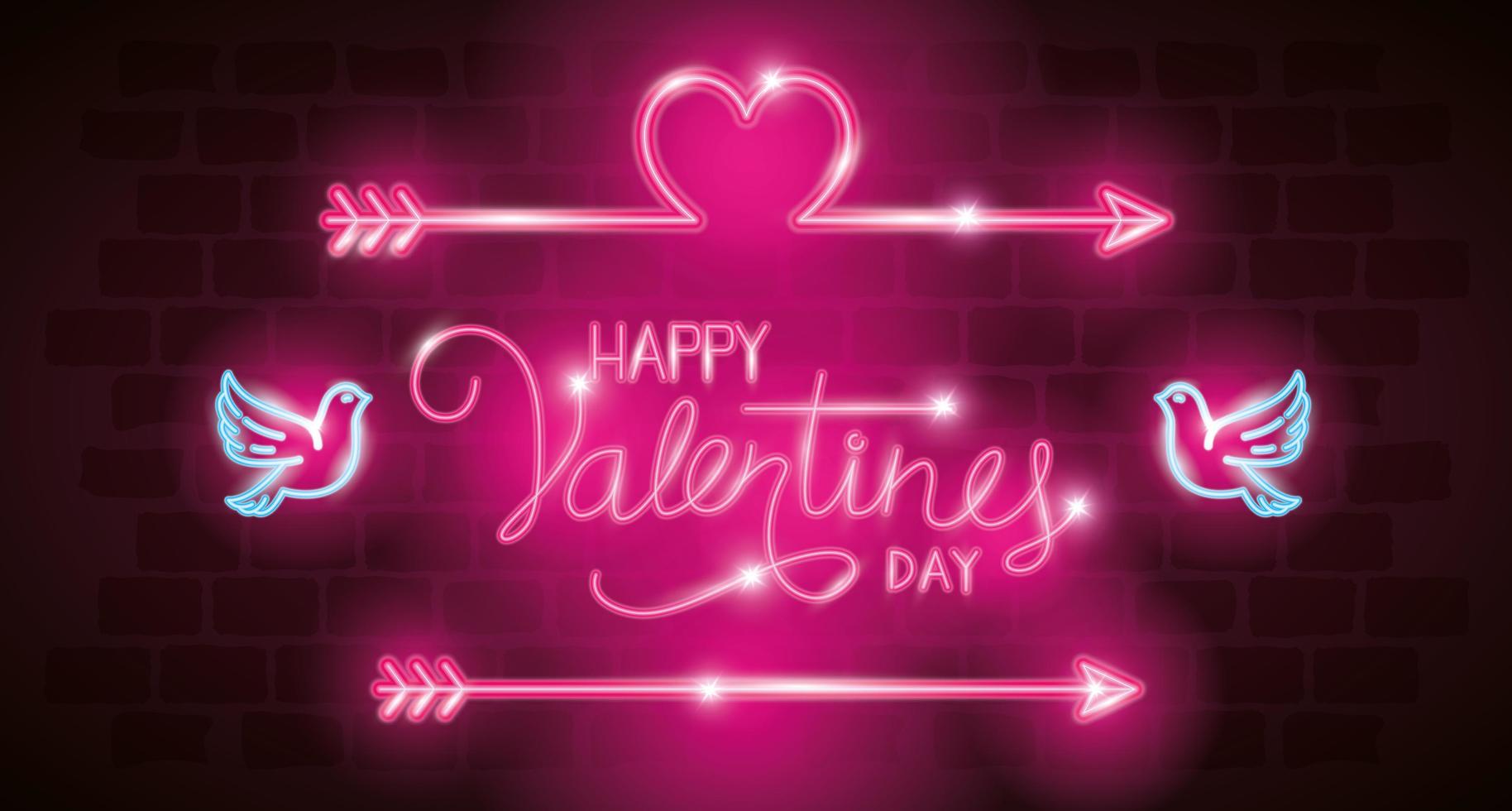 happy valentines day label in neon light, icons valentine day vector