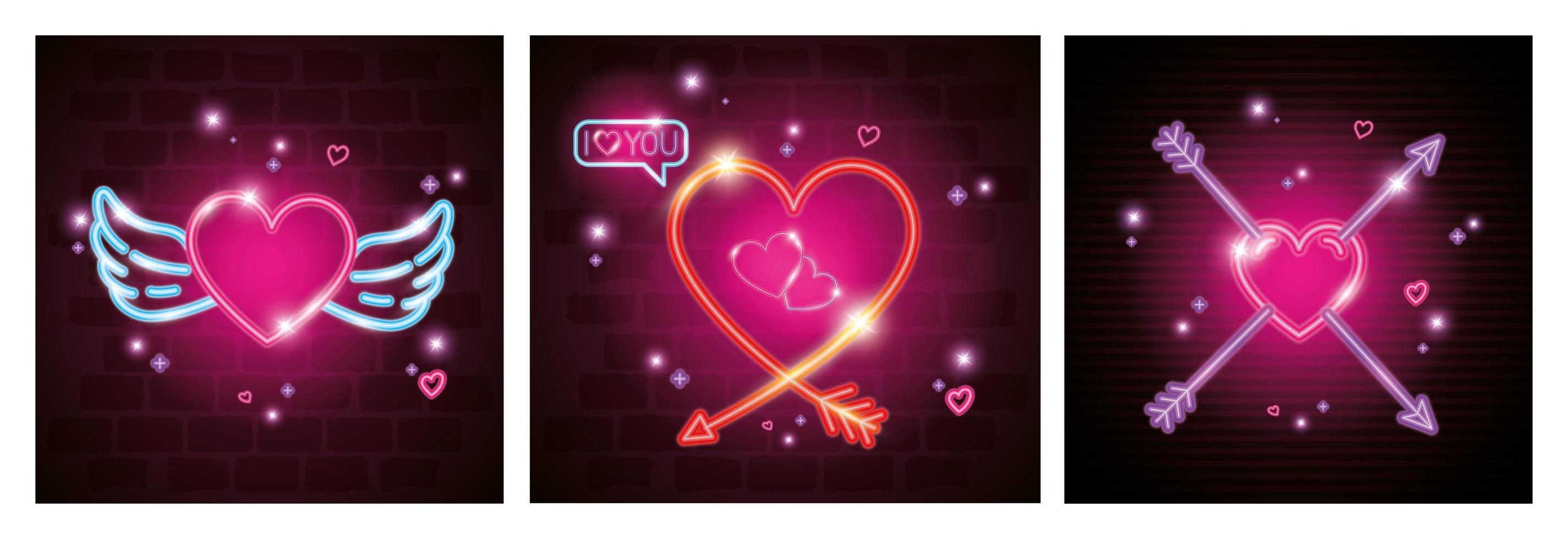 cards of valentine in neon light, valentines day vector