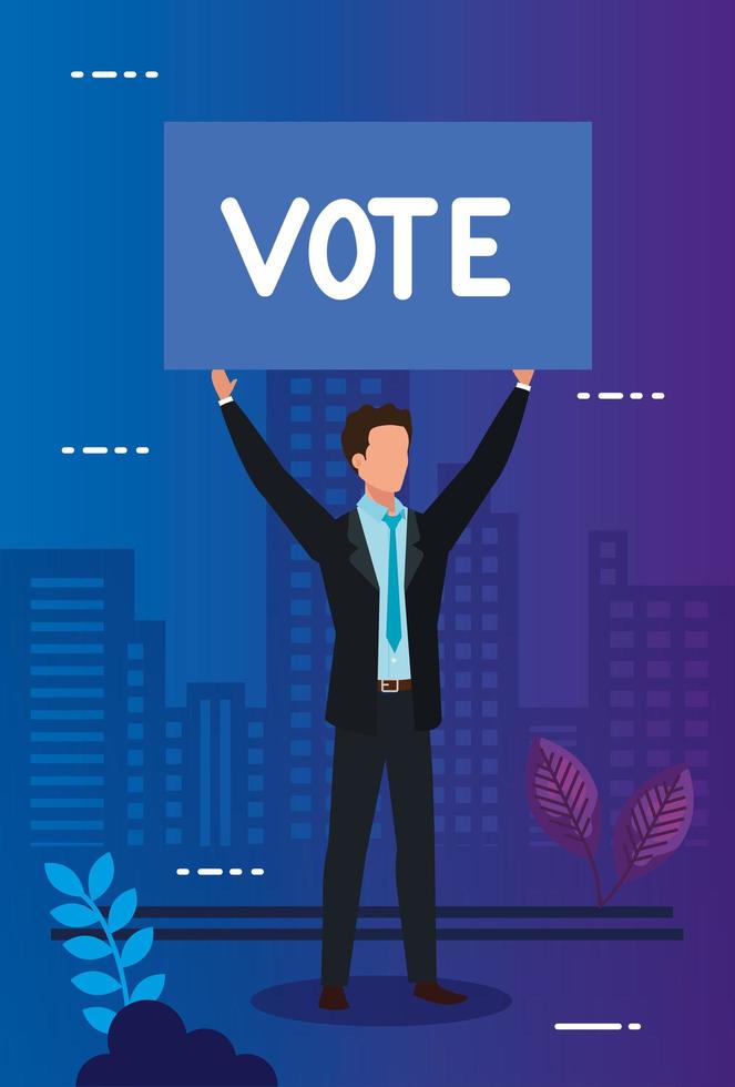 businessman and protest placard with vote lettering vector