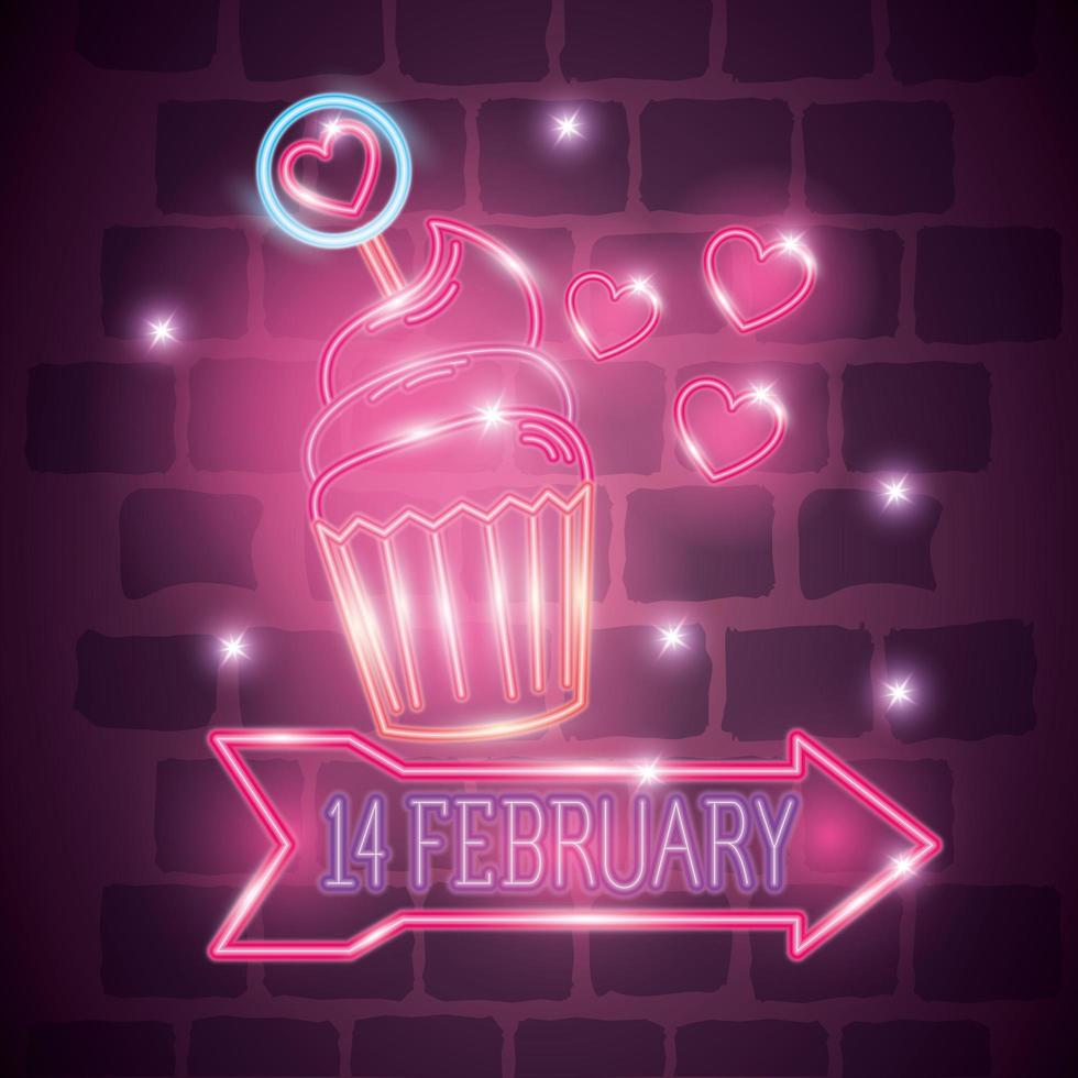 february 14 label in neon light, valentines day vector