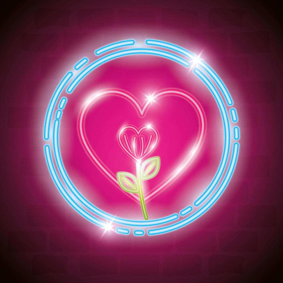 flower with leaves in neon light, valentine day vector