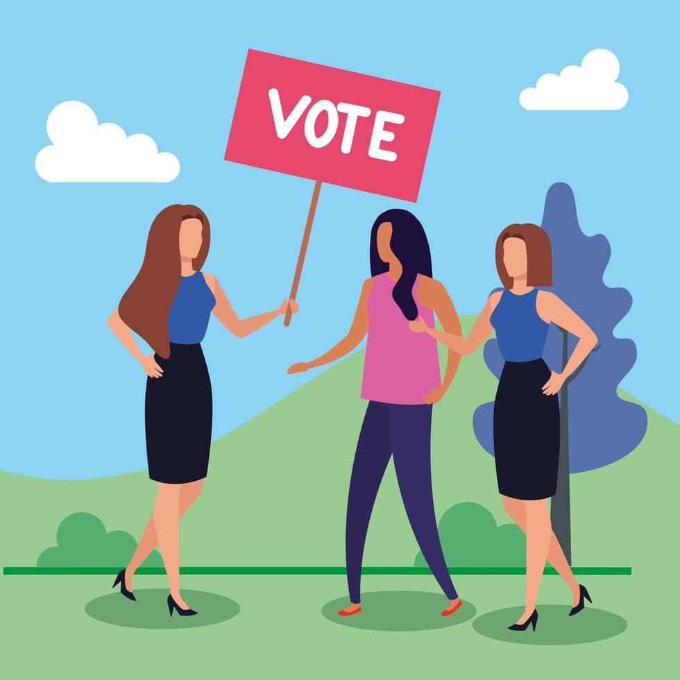 business women and placard protest with vote lettering vector