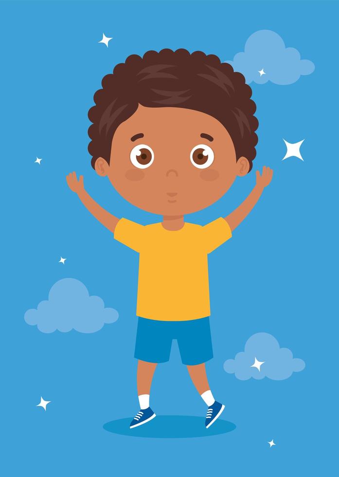 cheerful boy standing with his hands up vector