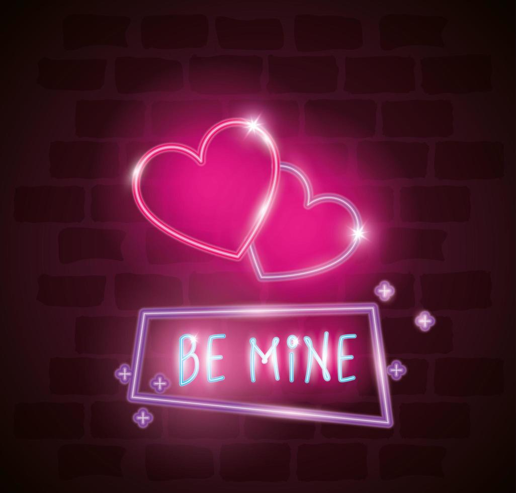 be mine label in neon light, valentine day vector