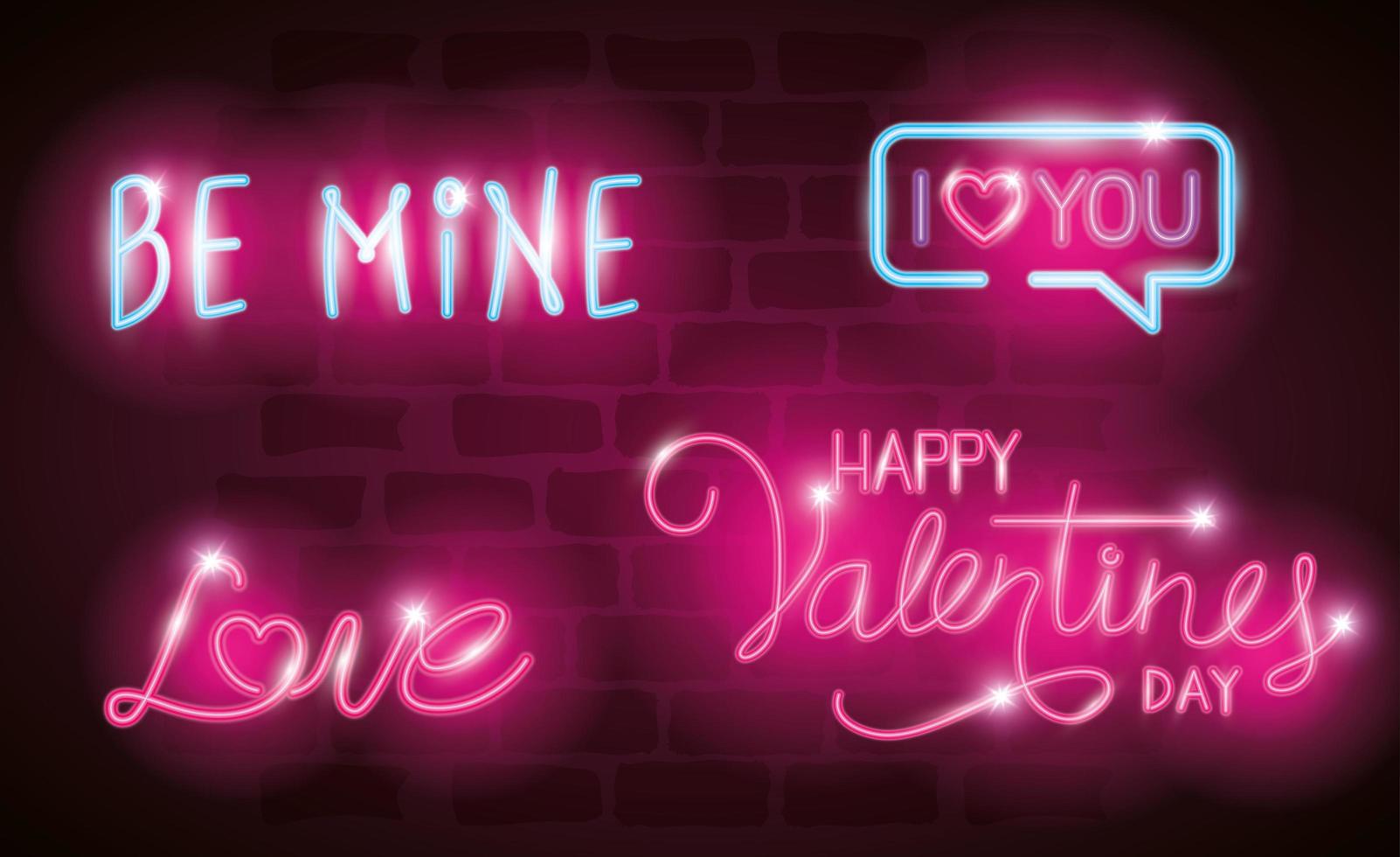 set of valentine icons in neon light vector