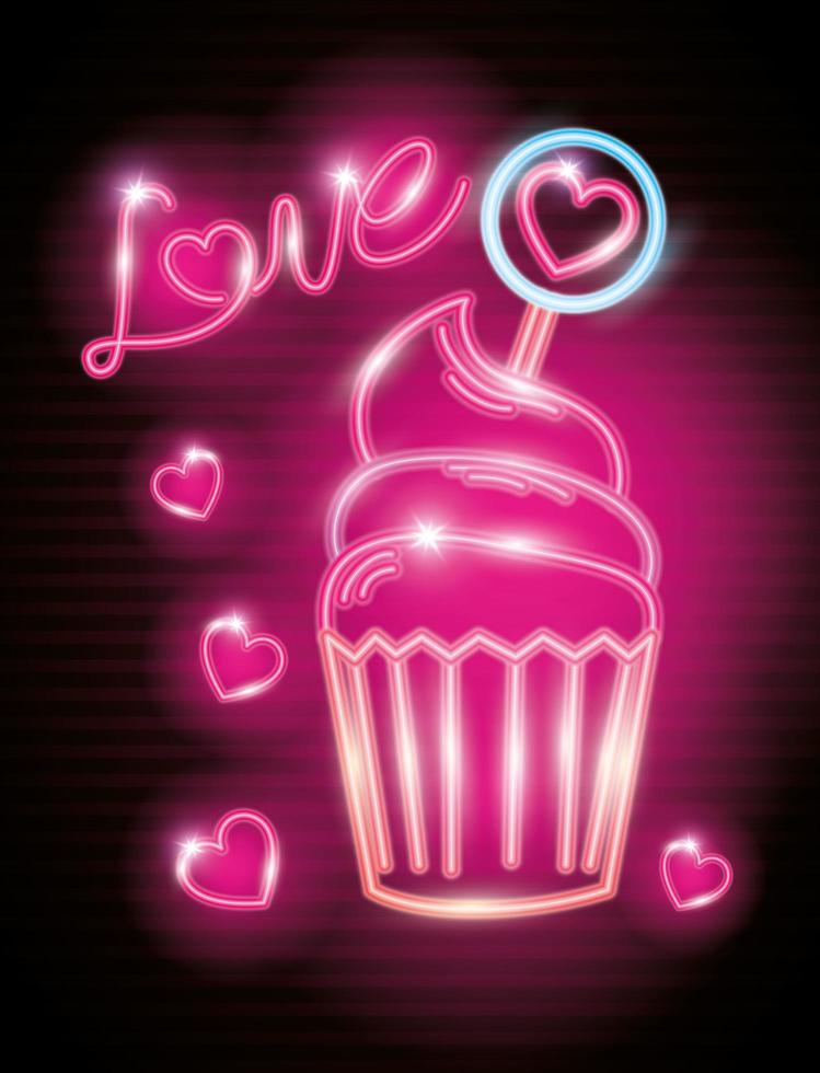 cupcake en luz de neón, día de san valentín vector