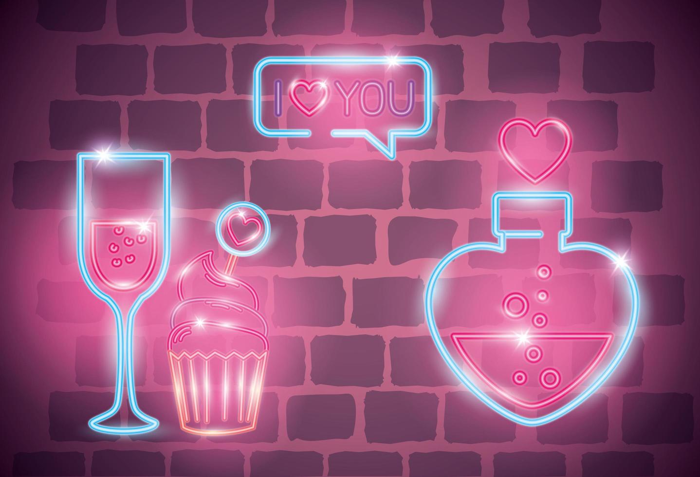 set of valentine icons in neon light vector