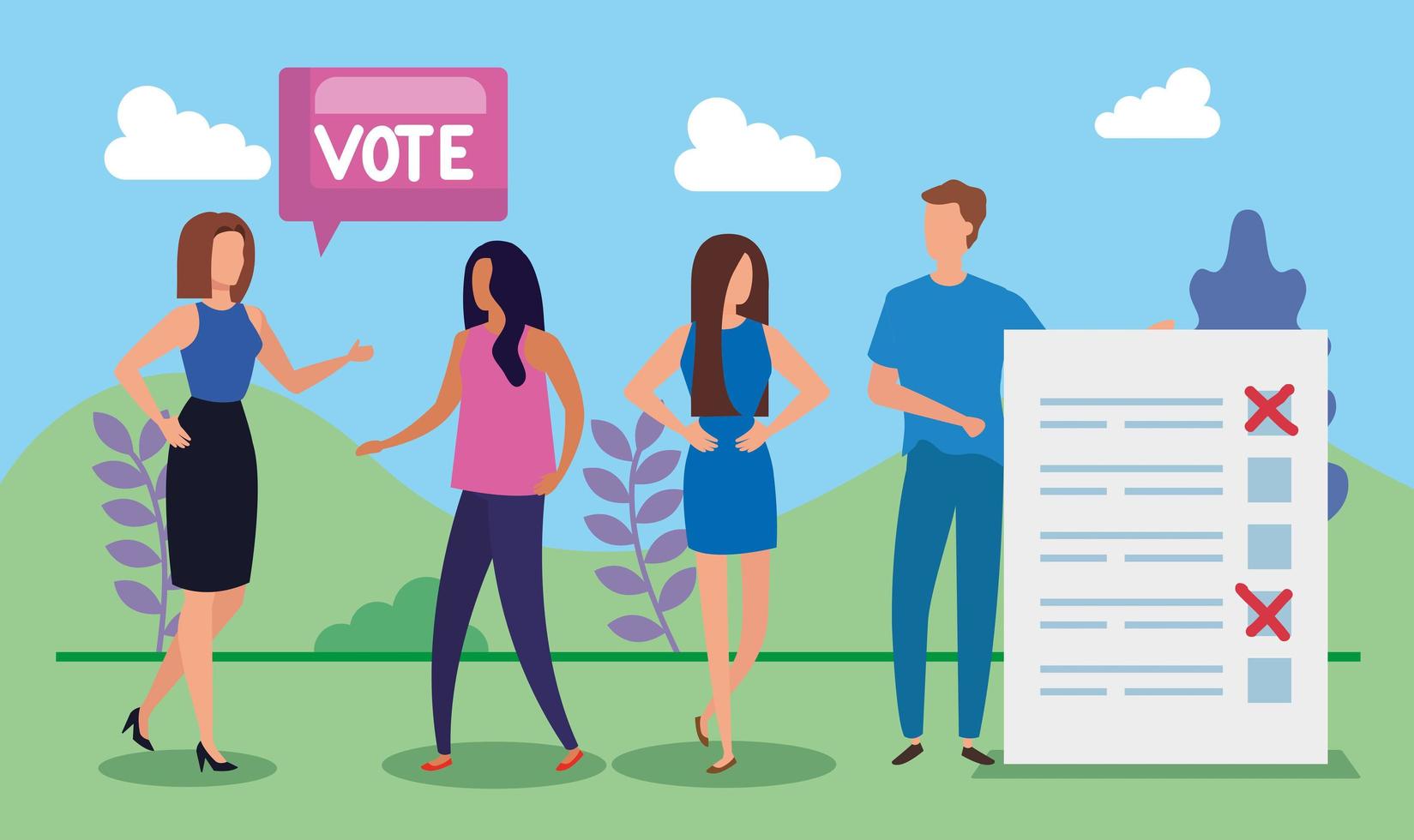 business people with vote lettering in landscape vector