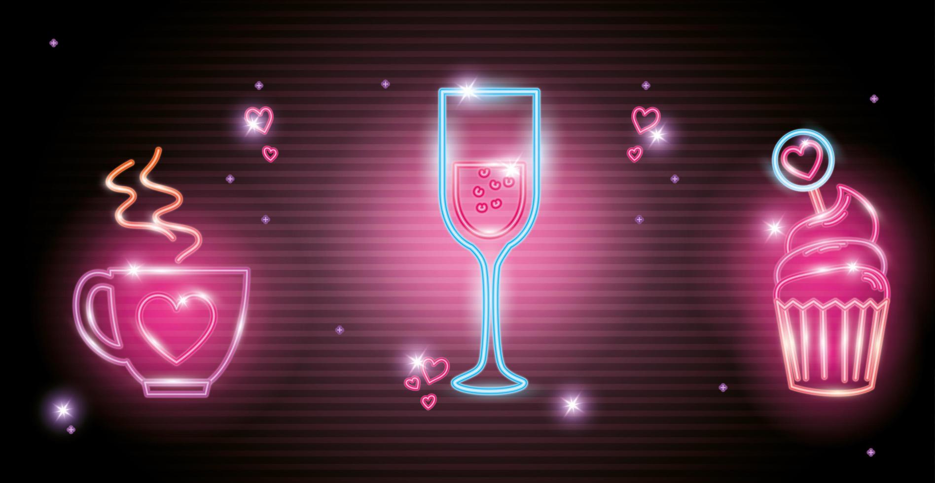set of valentine icons in neon light vector