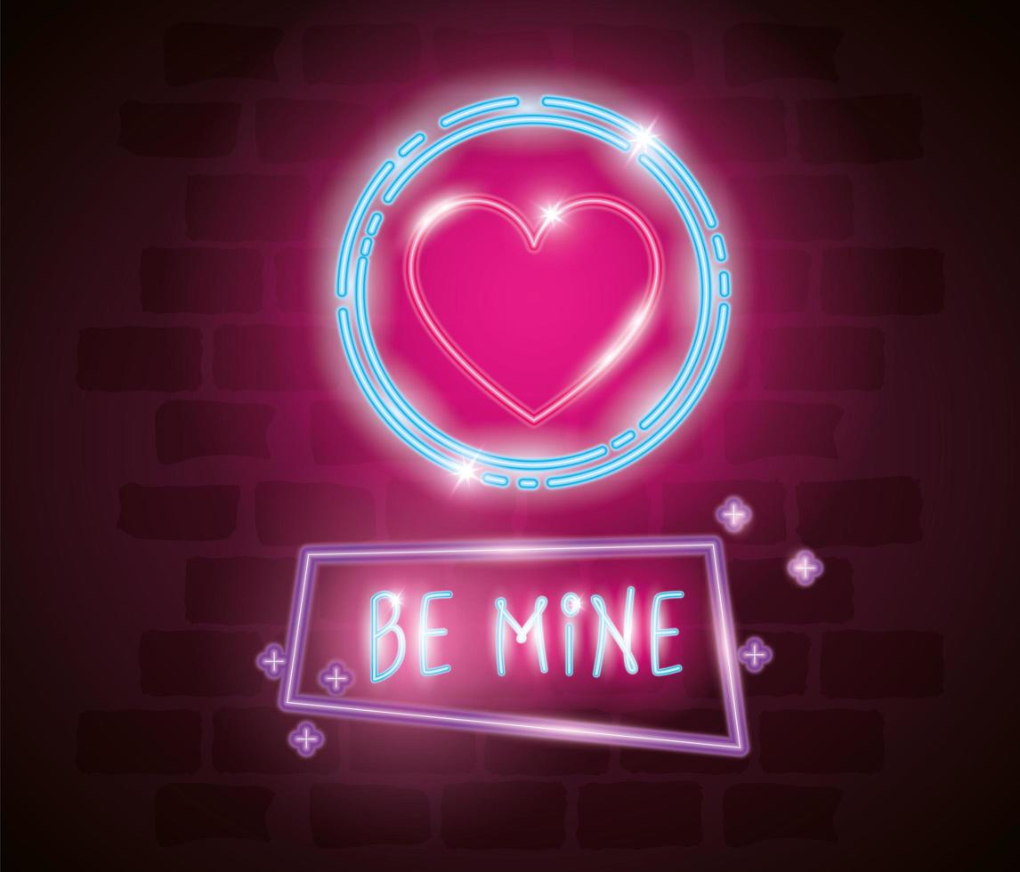 be mine label in neon light, valentine day vector
